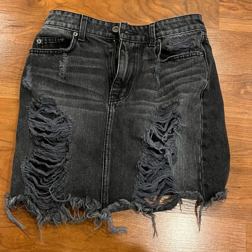CARMAR distressed high waisted black denim skirt